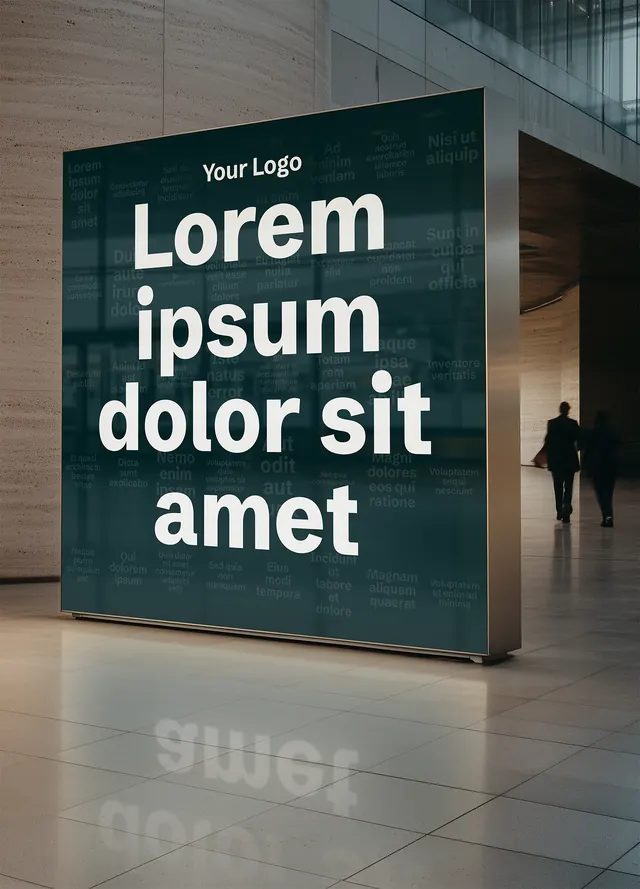 Mockup: the wall on a freestanding screen in a stone atrium