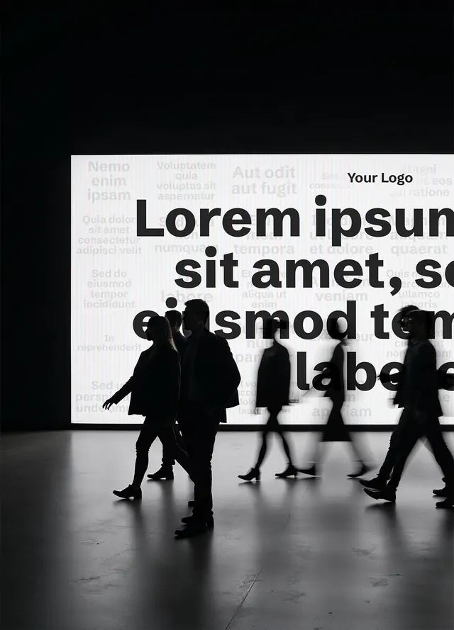 Mockup: the wall on a bright screen, people walking past in a dark hall