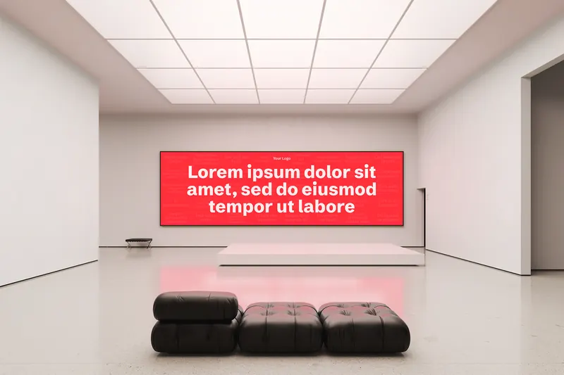 Mockup: the wall on a wide screen in a white museum hall