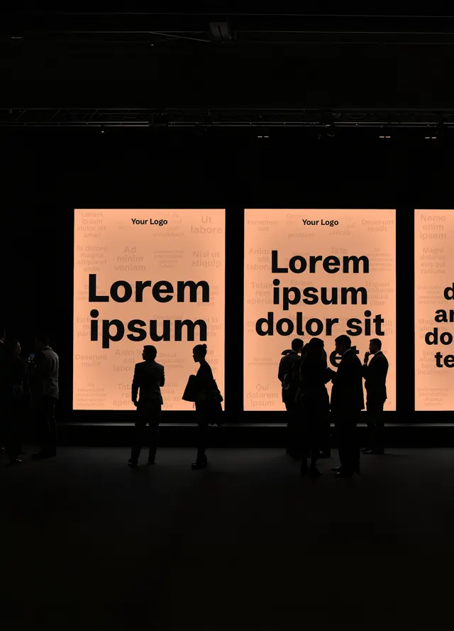 Mockup: the wall on screens on a stage, audience in silhouette